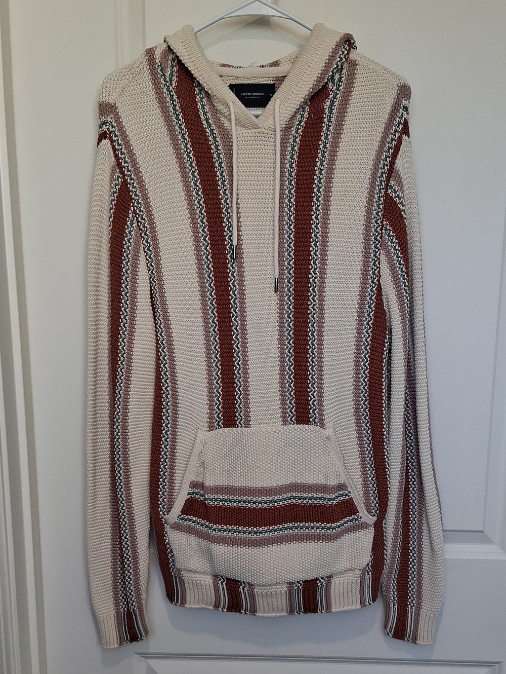 Lucky Brand Men’s Cream, Brown & Green Striped Hooded Sweater